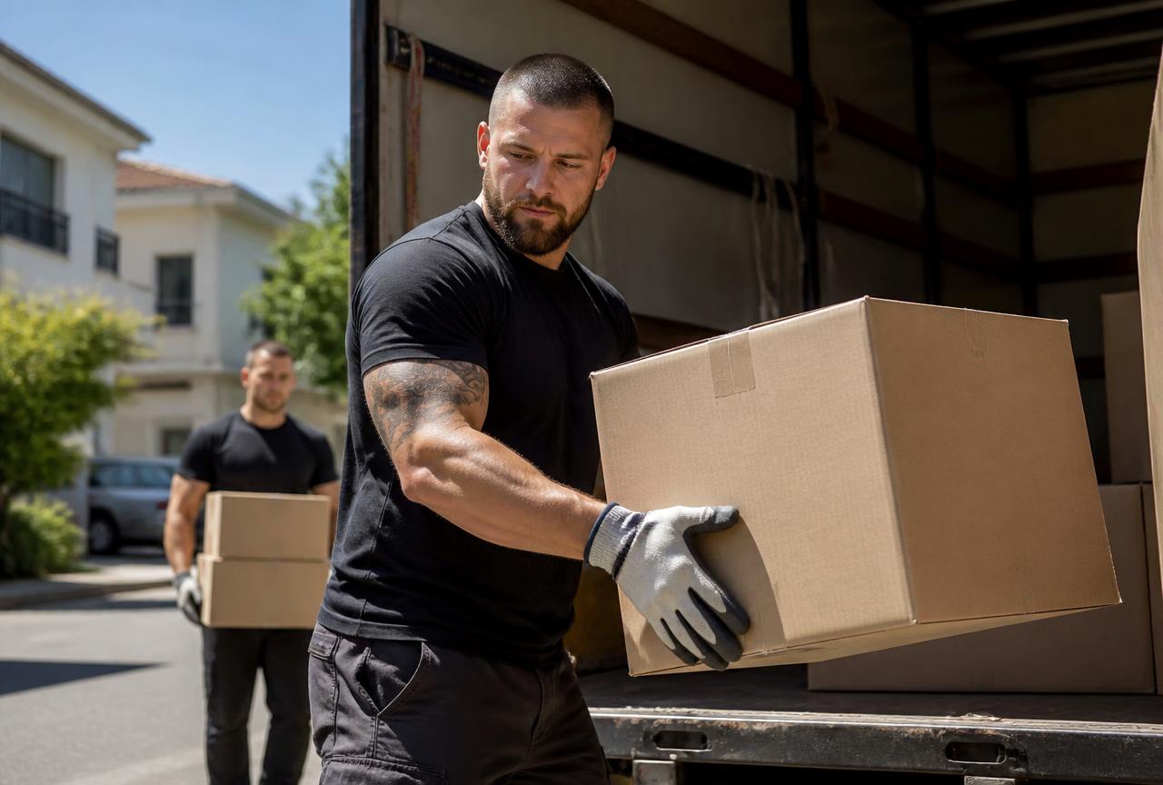 Mover loading stacked boxes into a moving truck